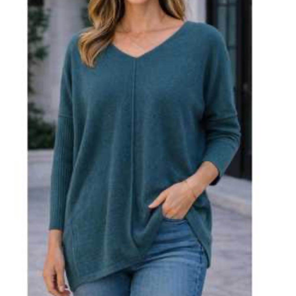 Soft Surroundings Teal V-Neck 100% cashmere Sweater
